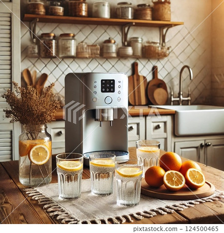 Natural kitchen with lemon carbonated water and a water server 124500465