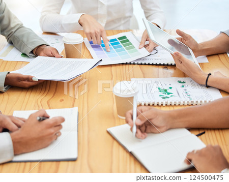 Hands, finance and meeting with a team around a table in the boardroom to talk strategy or planning. Documents, teamwork and investment with a financial employee group working together in the office 124500475