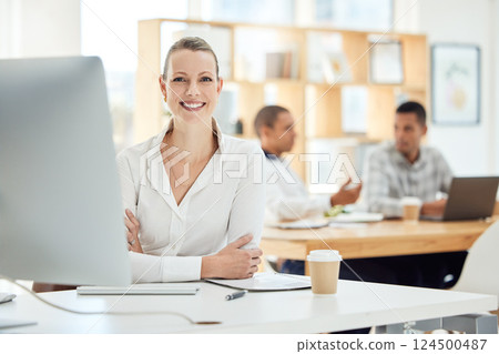 Portrait, business woman and computer in office or corporate workplace working with a smile. Happy worker, company employee or manager and leader at desk with career motivation, vision and mission. 124500487