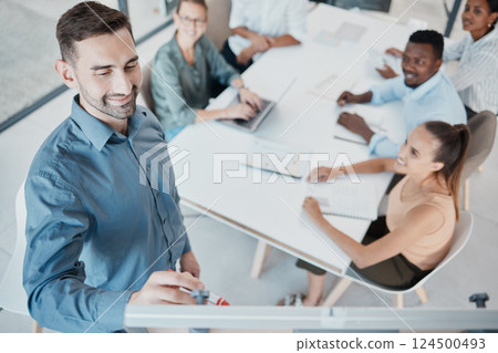 Leadership, diversity and presentation team training, business coach with startup workers writing on white board. Coaching in office, men and women sharing vision, idea and planning business strategy 124500493