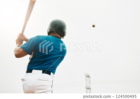 Baseball player, bat and homerun with sky and baseball for sports, game or contest outdoor in summer. Man, sport and hit in sunshine at stadium, arena or field in competition, match or training 124500495