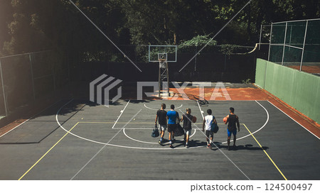 Team, exercise and basketball for training, on court and workout for game and sportswear. Teamwork, sports and fitness athlete before match, relax and practice for health to play together outdoor. Team, exercise and basketball for training, on court and workout for game and sportswear. Teamwork, sports and fitness athlete before match, relax and practice for health to play together outdoor. 124500497