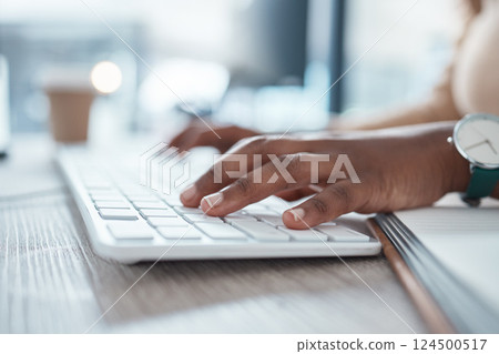 Search, computer and hands of business woman typing for communication, technology and networking. Technology, internet and digital with black woman and keyboard for innovation, management and website 124500517