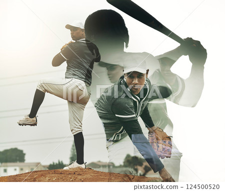 Motion, baseball and sports man in action on baseball field with exposure for pitch movement. Motivation, determination and focus for practice, training and softball game on art design for fitness 124500520