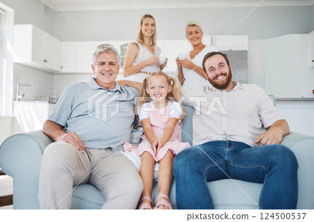 Relax, smile and portrait of happy big family sitting on sofa in the living room of their home. Happiness, grandparents and parents with girl child from Canada resting and bonding with love in lounge Relax, smile and portrait of happy big family sitting on sofa in the living room of their home. Happiness, grandparents and parents with girl child from Canada resting and bonding with love in lounge 124500537
