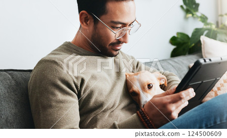 Home, dog and man on sofa, tablet and relax with social media, internet and communication. Apartment, person and guy on couch, tech and best friend with pet, connection and website info for animals Home, dog and man on sofa, tablet and relax with social media, internet and communication. Apartment, person and guy on couch, tech and best friend with pet, connection and website info for animals 124500609