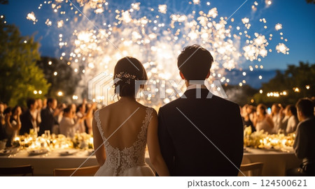 新娘和新郎在夜間婚禮上觀看煙火 124500621