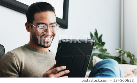 Home, smile and man with tablet, relax and glasses with connection, weekend break and communication. Eyewear, guy and happy person on couch, tech and reflection with digital app and social media Home, smile and man with tablet, relax and glasses with connection, weekend break and communication. Eyewear, guy and happy person on couch, tech and reflection with digital app and social media 124500638