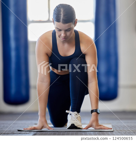 yoga, fitness and woman healthy exercise stretching workout for zen mental health meditation at home. Inner peace, calm mind and relax pilates wellness sports lifestyle body balance training 124500655