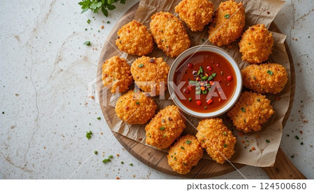 Crispy Chicken Nuggets with Spicy Dipping Sauce on Wooden Board | Tasty Fried Food Photography. Crispy Chicken Nuggets with Spicy Dipping Sauce on Wooden Board | Tasty Fried Food Photography. 124500680