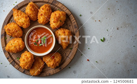 Crispy Chicken Nuggets with Spicy Dipping Sauce on Wooden Board | Tasty Fried Food Photography. 124500681
