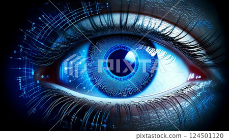 A close-up 3D CG illustration of an eye used for surveillance and iris authentication as a cybersecurity measure A close-up 3D CG illustration of an eye used for surveillance and iris authentication as a cybersecurity measure 124501120