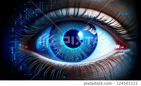 A close-up 3D CG illustration of an eye used for surveillance and iris authentication as a cybersecurity measure A close-up 3D CG illustration of an eye used for surveillance and iris authentication as a cybersecurity measure 124501121
