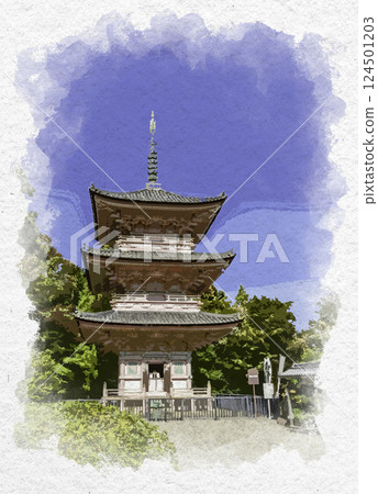 水彩風格:岐阜縣垂井町神禪寺三重塔 水彩風格:岐阜縣垂井町神禪寺三重塔 124501203