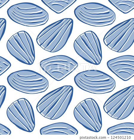 Hand drawn sea shells scallops blue seamless pattern in doodle sketchy style on white background. Line art sea shell vector background Hand drawn sea shells scallops blue seamless pattern in doodle sketchy style on white background. Line art sea shell vector background 124501210