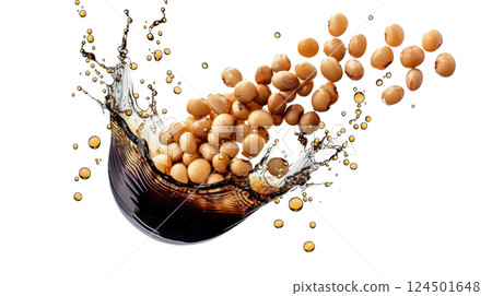 Dynamic Soy Sauce Splash with Floating Beans 124501648