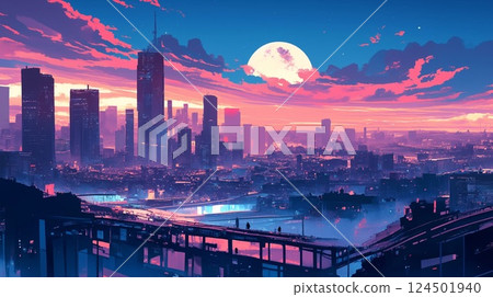 Nostalgic city night view and full moon, city pop style urban background illustration 124501940