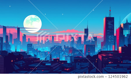 Nostalgic and beautiful city night view / City pop style retro material 124501962