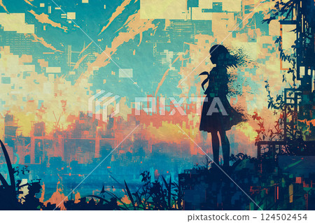 The silhouette of a girl melting into the city twilight 124502454