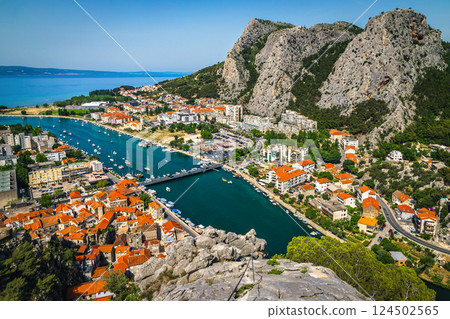 Omis cityscape and Cetina river view from the cliffs 124502565