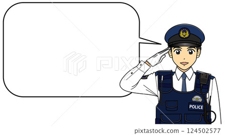 A male police officer in a white shirt and a stab-proof vest saluting (with uniform cap and rounded speech bubble) 124502577