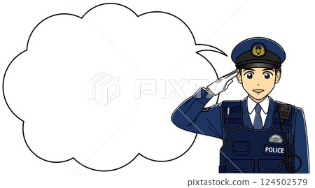 身穿防刺背心製服的男警員敬禮（頭戴制服帽，身旁有雲朵對話泡泡） 124502579