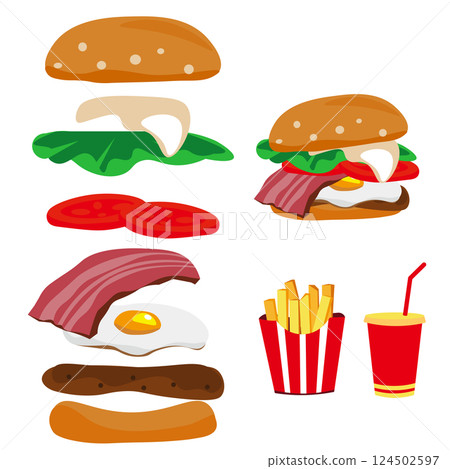 Bacon and egg burger combination set 124502597