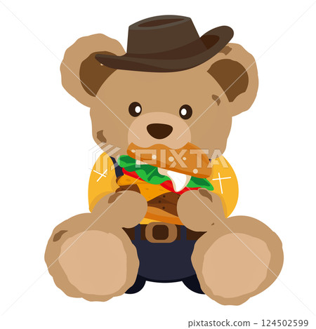 Illustration of a teddy bear eating a hamburger 124502599