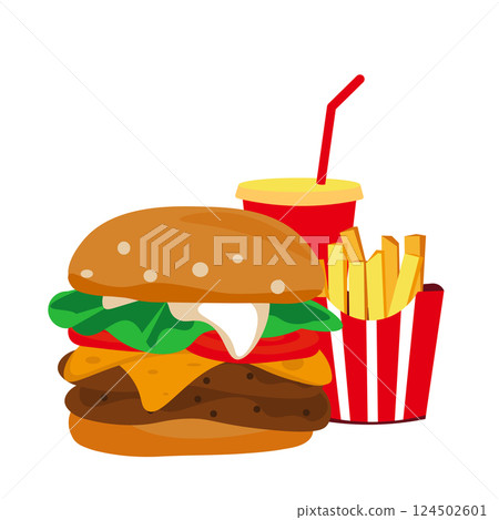 漢堡、薯條和果汁插圖 124502601
