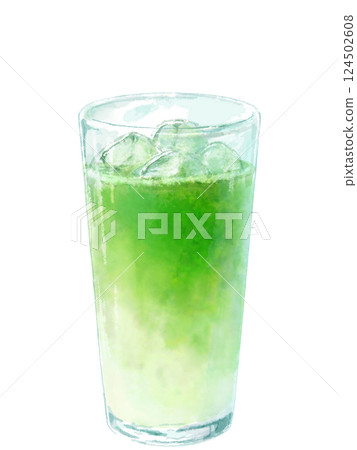 Watercolor illustration of iced matcha latte in a glass 124502608