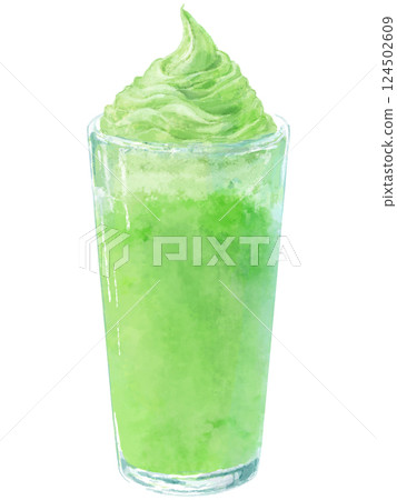 Watercolor illustration of a matcha float with matcha soft serve Watercolor illustration of a matcha float with matcha soft serve 124502609