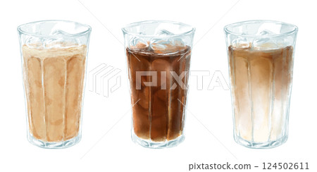 Iced latte, iced coffee, iced cafe au lait watercolor illustration set Iced latte, iced coffee, iced cafe au lait watercolor illustration set 124502611