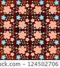 seamless pattern with blue and pink flowers, twigs and buds on a dark background in a sphere. 124502706