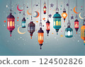 Modern flat design illustration for Ramadan Kareem with hanging lanterns, a crescent moon, stars, and mosque silhouette in a cool teal. 124502826