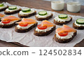 Fresh organic homemade smorrebrod with cereals dark rye grain bread toasts, salted salmon on dark grey rustic wooden table background. Healthy lifestyle breakfast. Traditional Danish open sandwich. 124502834