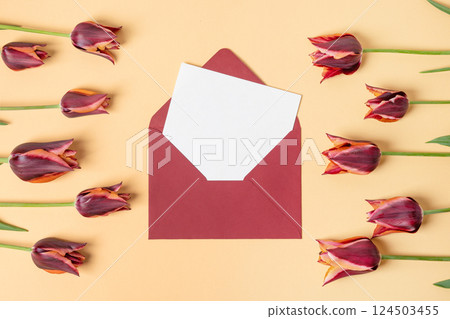 Burgundy envelope with clean white sheet of paper for your text and spring flowers burgundy tulips on beige background. Invitation to the holidays. Flat lay. 124503455