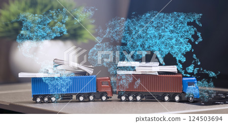 trucks carrying stacks of money with a digital world map overlay, symbolizing global logistics, trade, and international finance. 124503694