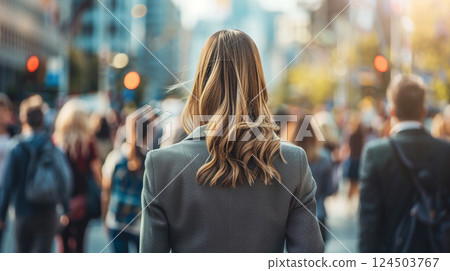 Rear view of a young woman walking in the city 124503767