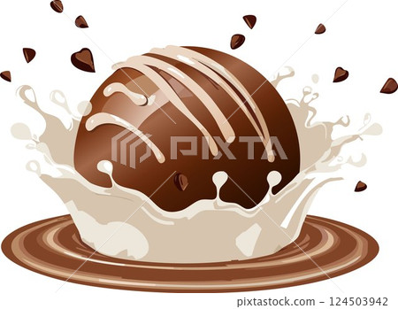 chocolate ice cream ball with splashes of milk 124503942