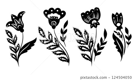 Vector set of black silhouette of decorative floral clip arts. Collection of traditional flowers in folk art style isolated from background Vector set of black silhouette of decorative floral clip arts. Collection of traditional flowers in folk art style isolated from background 124504050