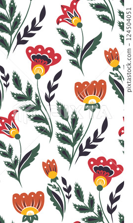 Vector decorative seamless pattern with flowers in traditional style on white background. Folk art texture with blooming wildflowers Vector decorative seamless pattern with flowers in traditional style on white background. Folk art texture with blooming wildflowers 124504051