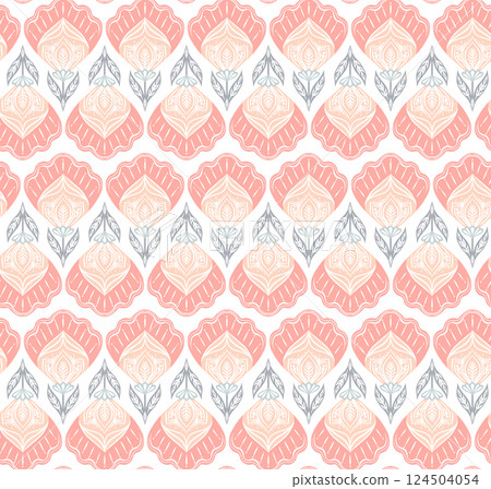 Vector decorative seamless pattern with poppies in row in traditional style on white background. Folk art texture with tracery flowers Vector decorative seamless pattern with poppies in row in traditional style on white background. Folk art texture with tracery flowers 124504054