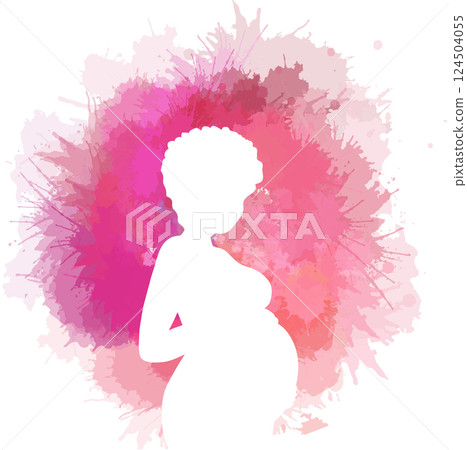 Vector white silhouette of African American pregnant woman on pink watercolor splashes. Expectation of a child. Postcard with pregnant Black woman Vector white silhouette of African American pregnant woman on pink watercolor splashes. Expectation of a child. Postcard with pregnant Black woman 124504055