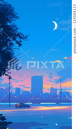 Retro pop background with a cityscape bathed in the pale light of dawn and a full moon 124504113