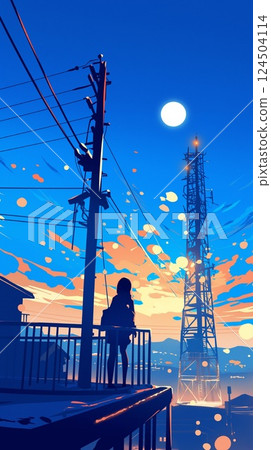 Retro pop background with a cityscape bathed in the pale light of dawn and a full moon 124504114
