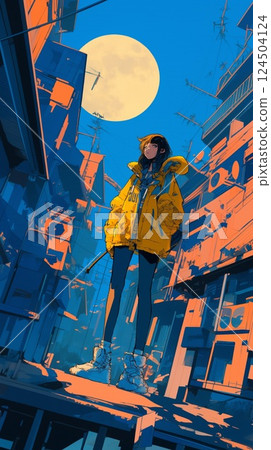 城市建築與夜空中美麗的月光，80 年代復古流行背景素材 124504124