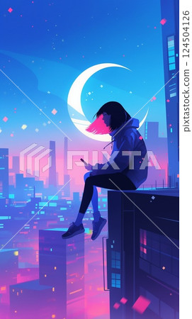 城市建築與夜空中美麗的月光，80 年代復古流行背景素材 124504126