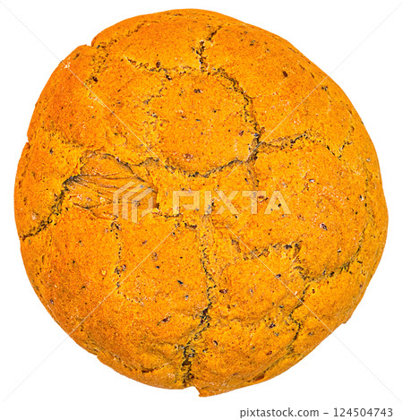 Whole round loaf of bread baked from rye and wheat flour yellow, orange isolated on a white, transparent background POV view. The concept of homemade baking according to old recipes Whole round loaf of bread baked from rye and wheat flour yellow, orange isolated on a white, transparent background POV view. The concept of homemade baking according to old recipes 124504743