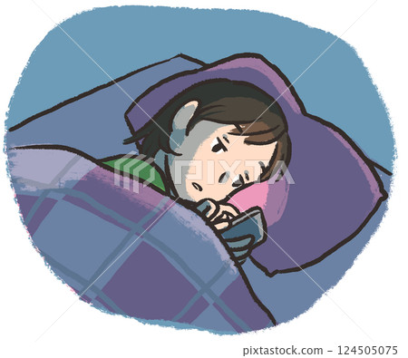Hand-drawn illustration: Adolescent girls staying up late, smartphone addiction 124505075