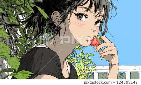 年輕女子採摘和吃草莓 124505142